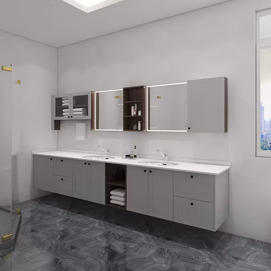 Armários de lavatório suspensos na parede do hotel, design de tamanho personalizado, armário de banheiro em pvc montado na parede com espelho