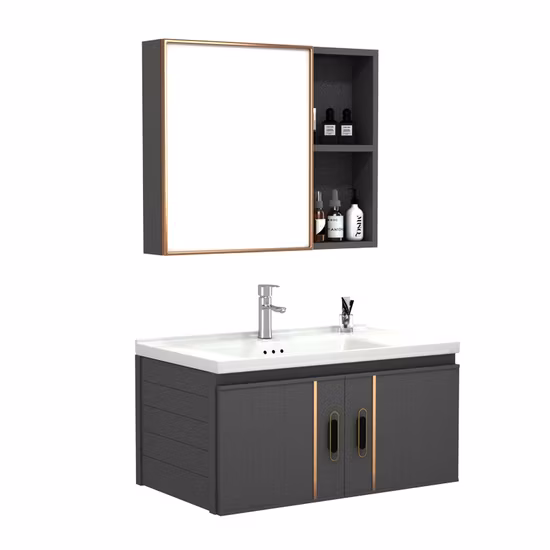 Utensílios sanitários de fábrica de Guangdong, armário de banheiro duplo suspenso de parede preta e lavatório