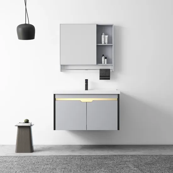 Combinação de armário de banheiro suspenso na parede com pia de banheiro